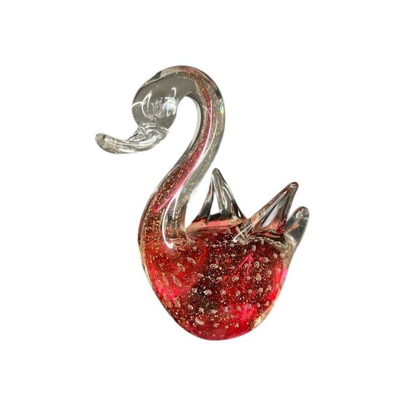 Vintage Murano Blown Art Glass Swan Figurine Red Bubble Effect - Picture 2 of 6